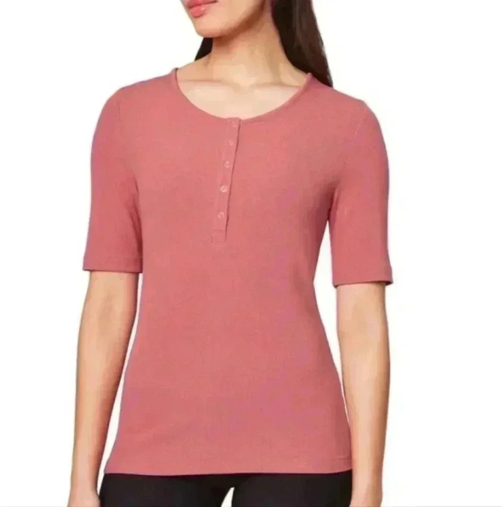 Mondetta Ribbed Short Sleeved Henley Large Scoop Neck Top Womens Salmon  Pink